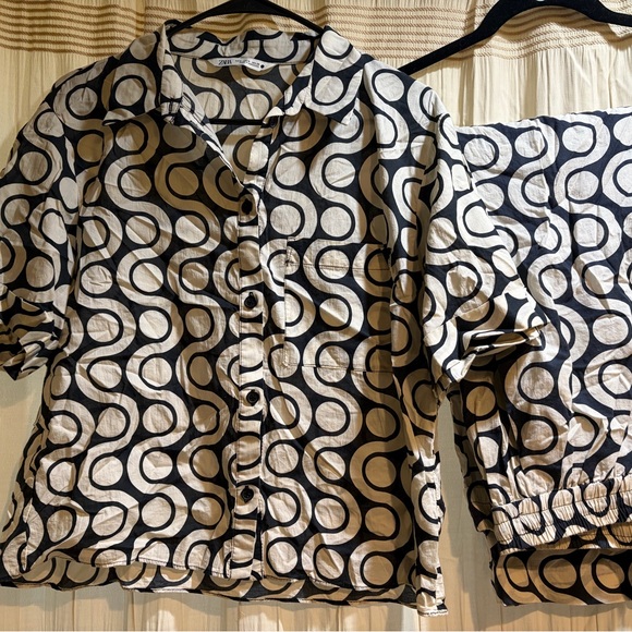 Zara Tops - Zara Black & Cream Geometric Button-Up Top and Draw String Pants Set